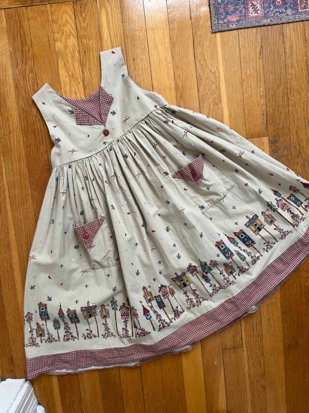 Girls Handmade Cotton Vintage 90s Bird & Birdhouse Country Jumper Dress - Picture 4 of 14